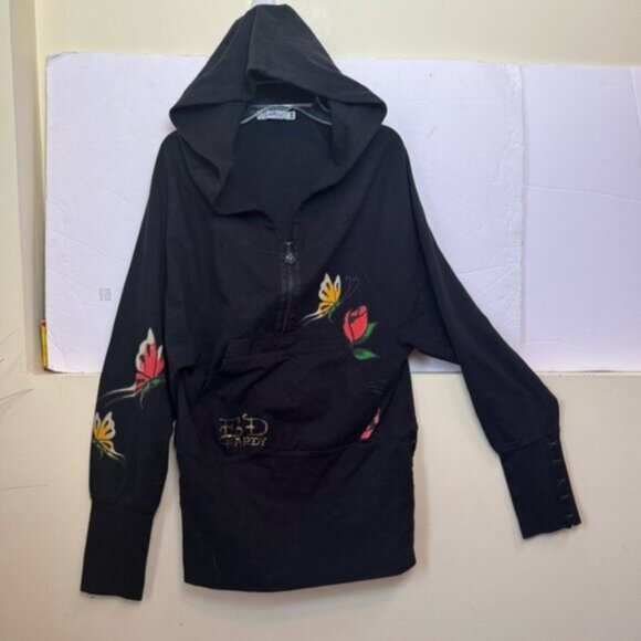 Ed Hardy Vintage Y2K 1/2 Zip Hoodie Cotton Tattoo Roses Graphic Long Sleeves XS - Picture 2 of 16